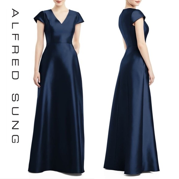 Alfred Sung Navy Satin Ball Gown Maxi Wedding Dress Prom Red Carpet Designer 4 - Picture 1 of 11